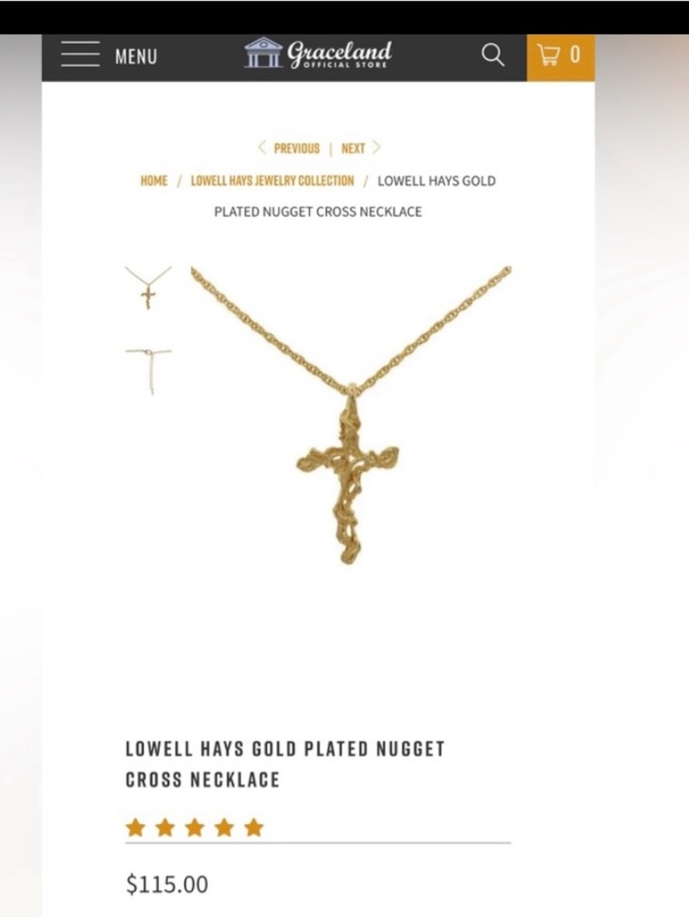 Elvis replica Lowell Hays Gold Cross Pendant Necklace Graceland